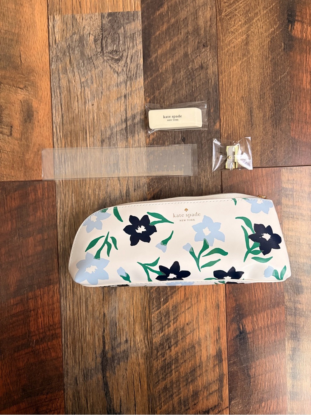 kate spade pencil pouch white floral zip pouch with navy & green blooms